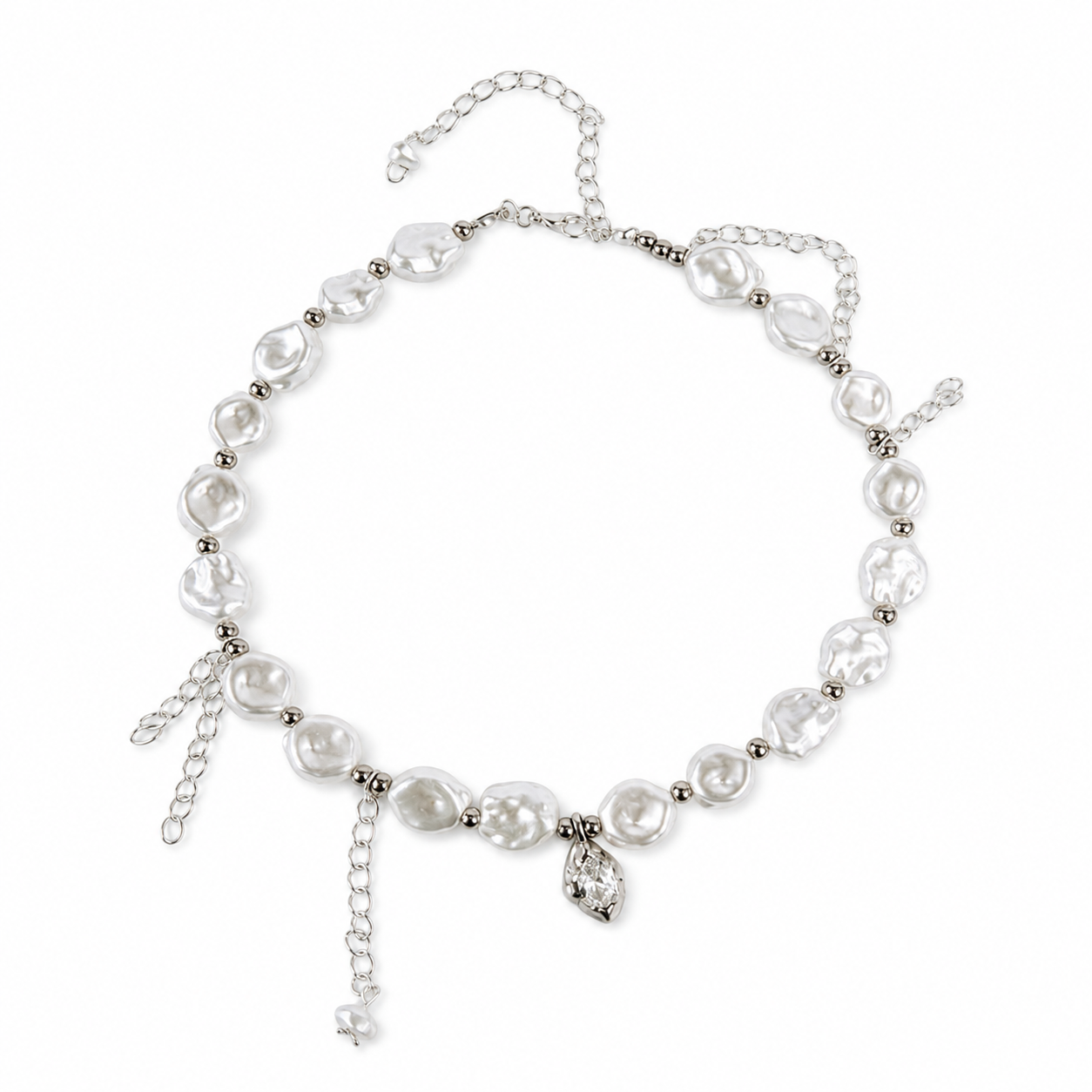 A silver-toned baroque pearl necklace with dangling charms, including a small rhinestone-encrusted teardrop pendant, displayed on a clean white background.