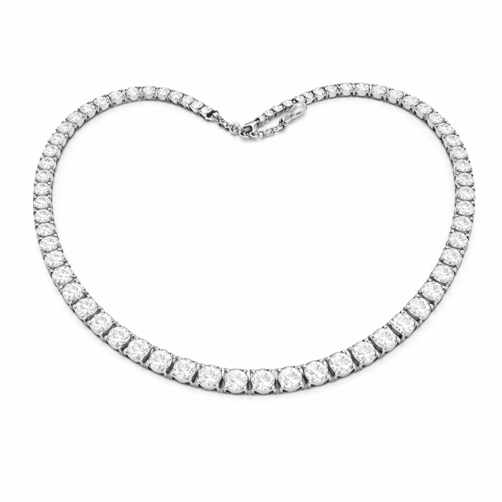 Diamond necklace forming a heart shape on a white background