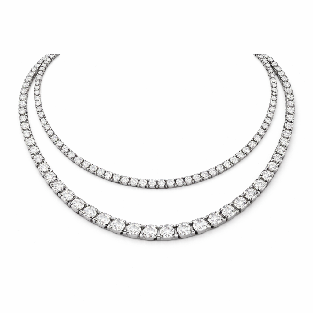 Two diamond necklaces on a white background
