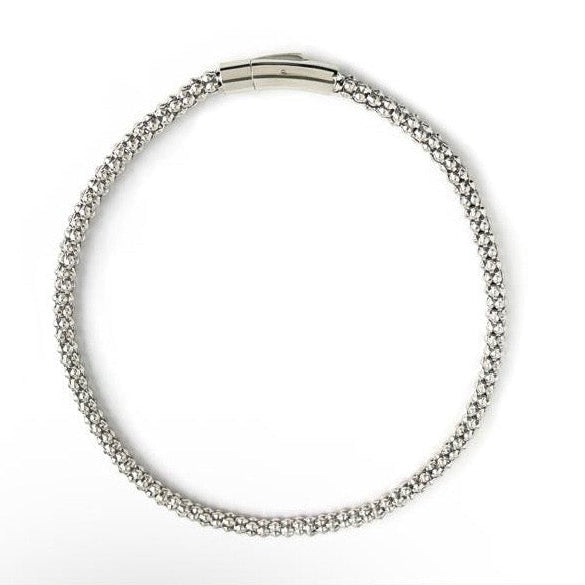 Silver necklace with a bar clasp on a white background