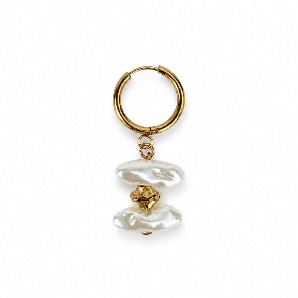 A gold hoop keychain with a dangling charm featuring three irregular white baroque pearls and a small gold flower accent, set against a plain white background.