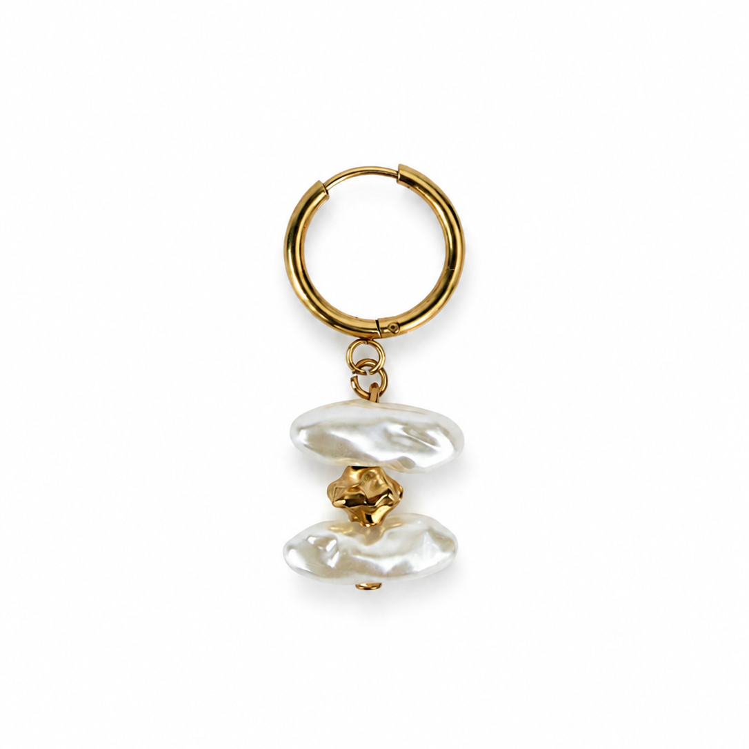 A gold hoop keychain with a dangling charm featuring three irregular white baroque pearls and a small gold flower accent, set against a plain white background.