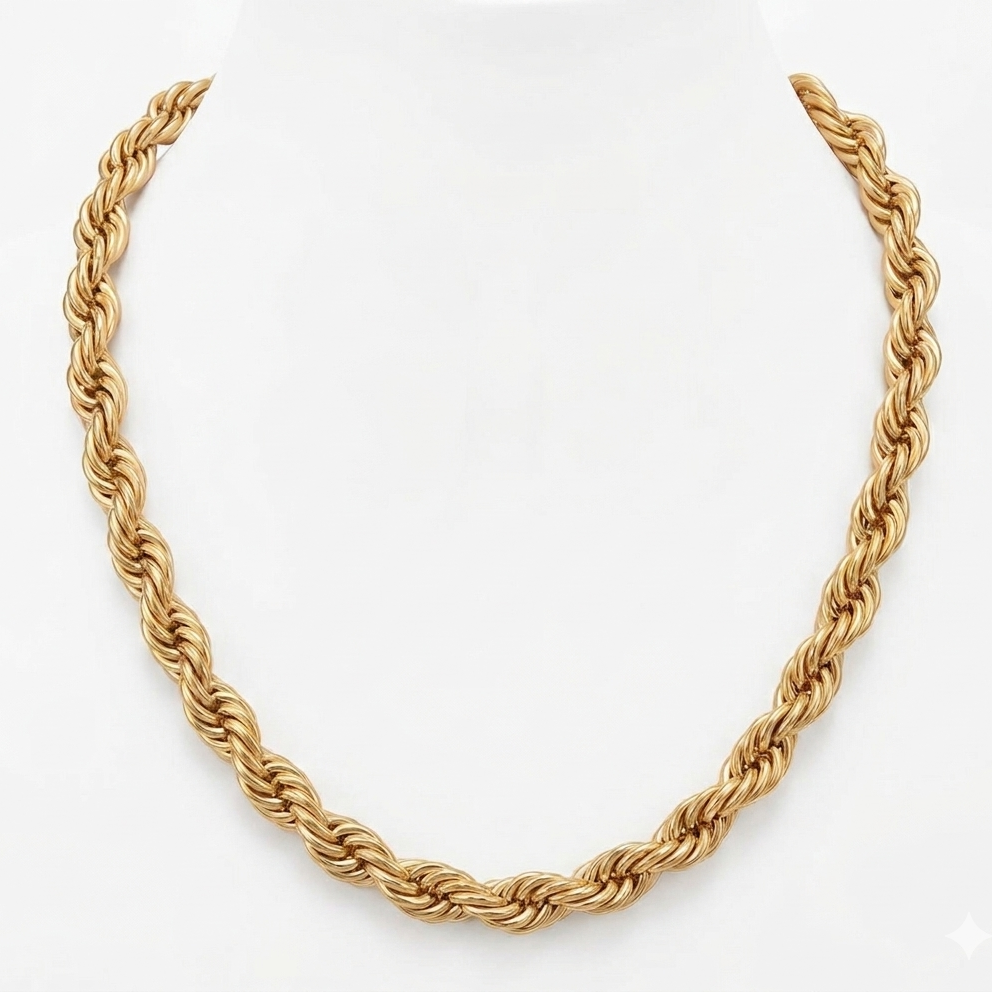 Gold rope chain necklace on a white background