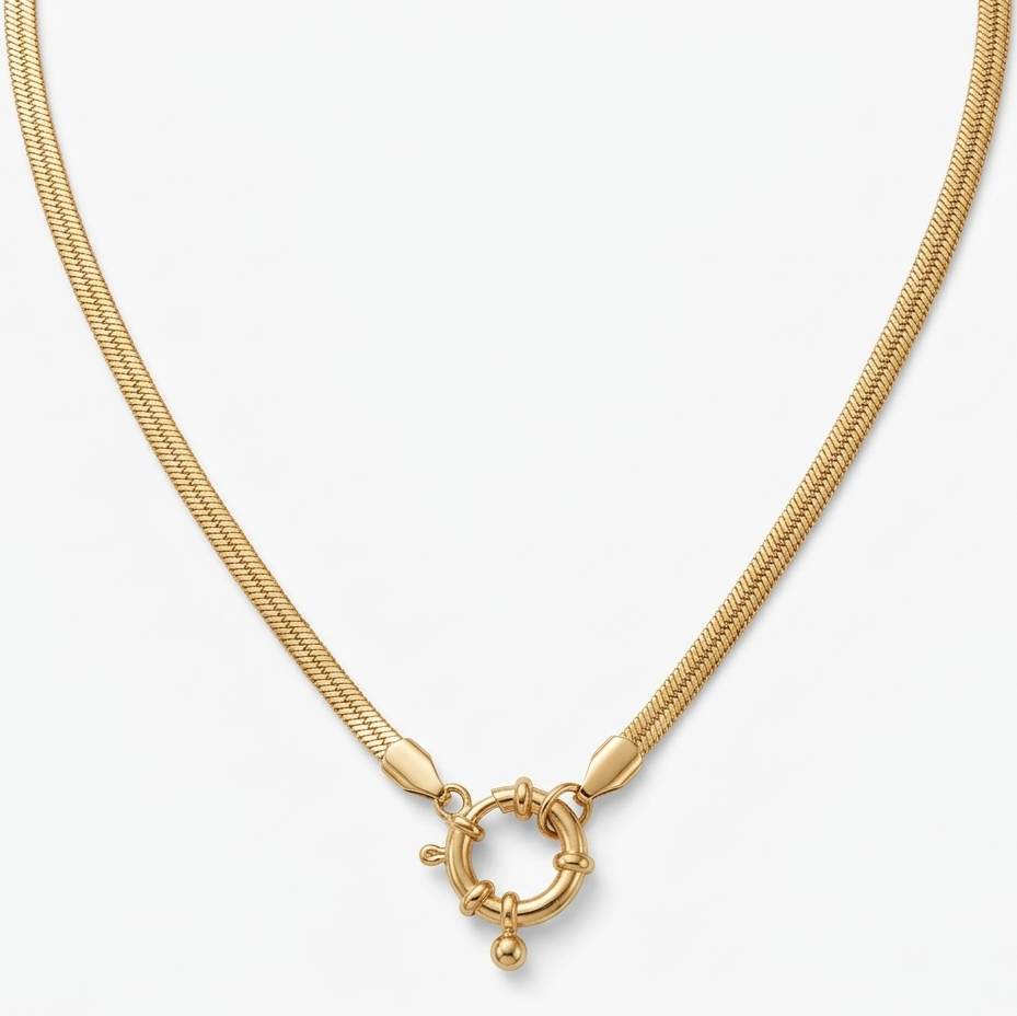 Gold necklace with a clasp on a white background