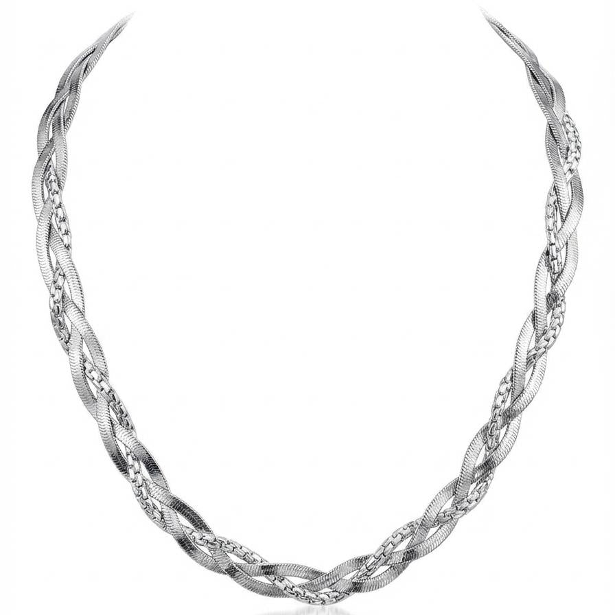 Silver necklace with braided design on a white background