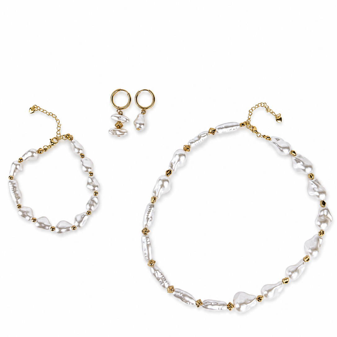A jewelry set featuring a choker necklace, bracelet, and hoop earrings, all styled with irregular white baroque pearls and small gold spacer beads on a clean white background.